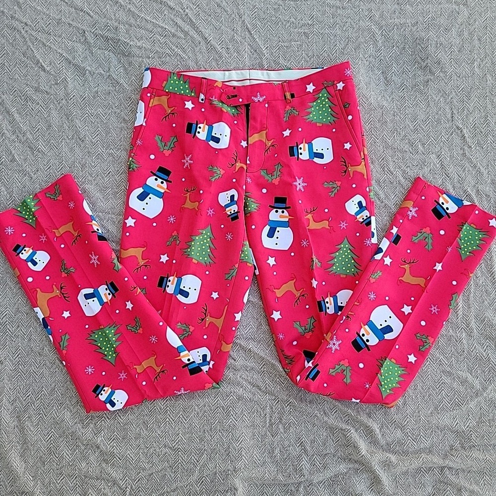 Opposuits Pants Men 38 Red Flat Front Khakis Chino Christmas Snowman Dress Pants